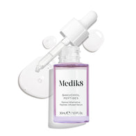 A purple glass dropper bottle of Bakuchiol Peptides serum, with its dropper removed. A swirl of the serum is shown, emphasising the product's texture.