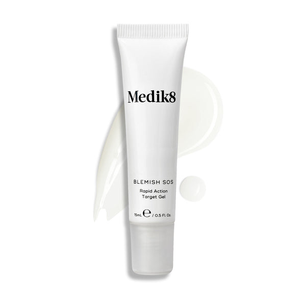 A tube of Blemish SOS stands upright, with a wavy swatch of light-colored gel and a droplet beside it.