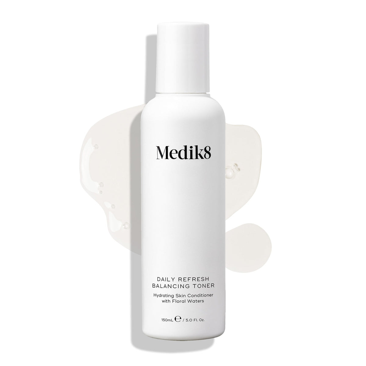 Medik8 Daily Refresh Balancing Toner bottle stands on a white background with a clear liquid spill. Text identifies it as a  Hydrating Skin Conditioner with Floral Waters  in a 150mL size.