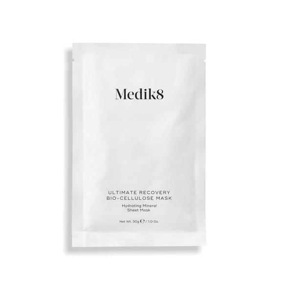 A single white sachet of Medik8 Ultimate Recovery Bio-Cellulose Mask displayed flat against a clean white background with a subtle shadow. Text labels it as a "Hydrating Mineral Sheet Mask."-33