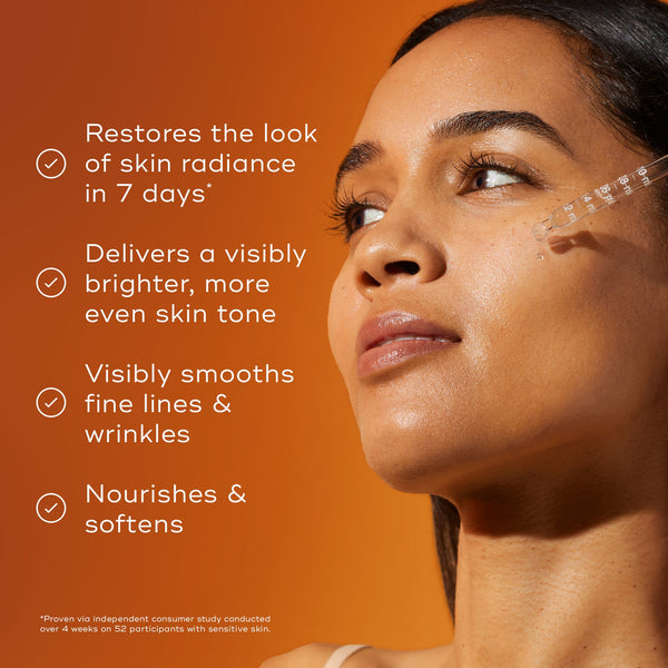 A model with a radiant complexion is shown in a close-up, with a list of clinically proven benefits for Medik8 C-Tetra Luxe displayed on the left. The benefits include:

Give skin a healthy glow after just 1 use*

Reduce the look of wrinkles & hyperpigmentation in 4 weeks*

Visibly brightens & provides deep nourishment

A footnote at the bottom specifies these results are  Proven via independent clinical study on C-Tetra Luxe conducted over 4 weeks on 36 participants .