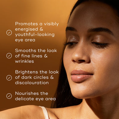 A close-up profile of a person with eyes closed and glowing skin. Text highlights benefits: promotes a youthful-looking eye area, smooths fine lines and wrinkles, brightens dark circles, and nourishes the delicate eye area.