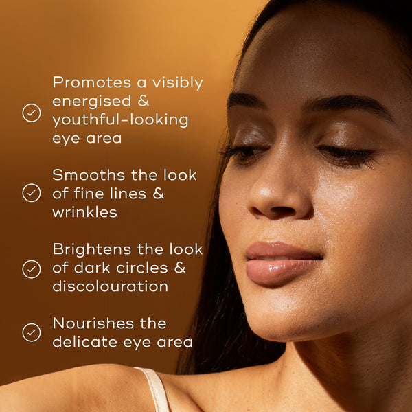 A close-up profile of a person with eyes closed and glowing skin. Text highlights benefits: promotes a youthful-looking eye area, smooths fine lines and wrinkles, brightens dark circles, and nourishes the delicate eye area.
