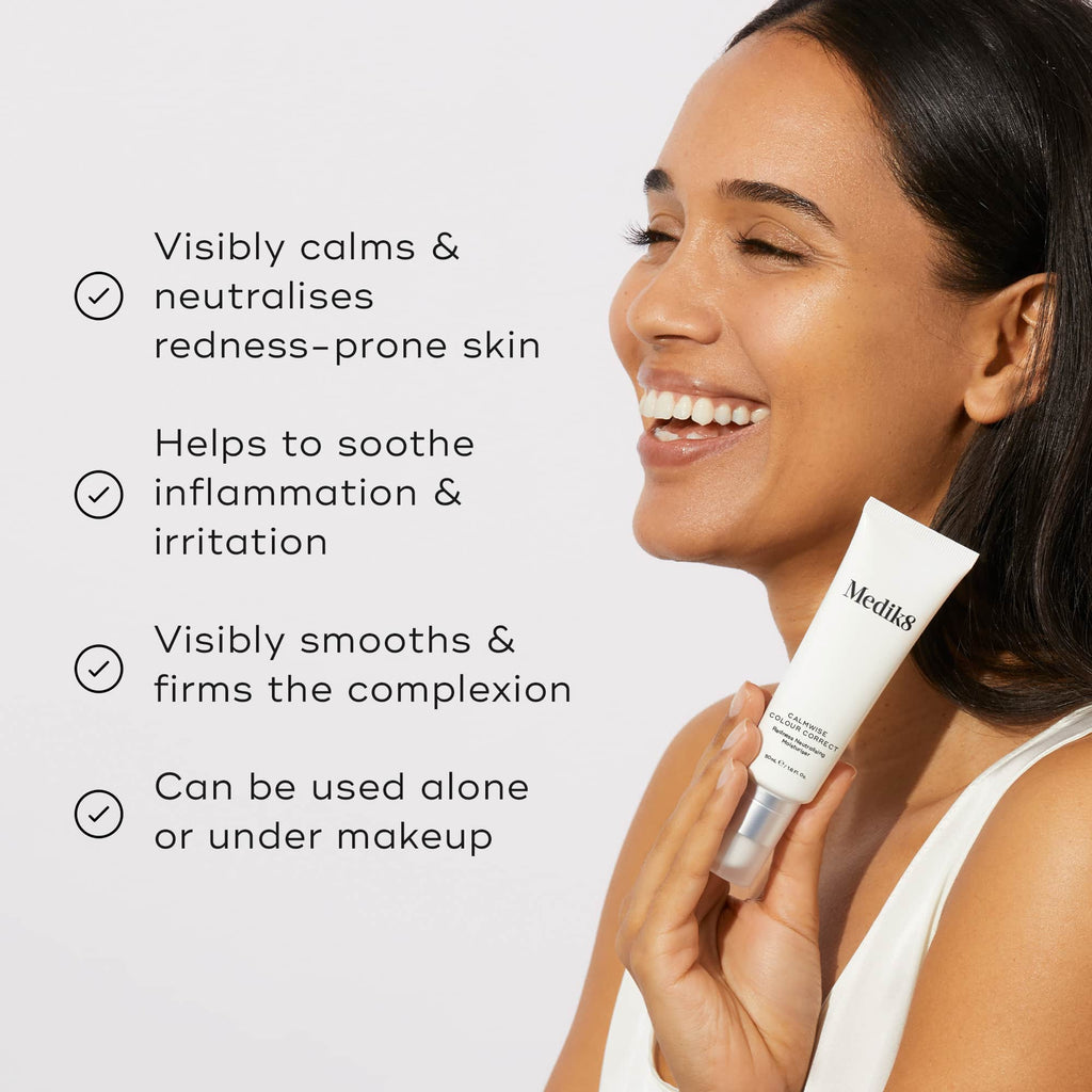 A woman holds a tube of Calmwise Colour Correct. Four bullet points with checkmarks list benefits: Visibly calms & neutralises redness-prone skin, Helps to soothe inflammation & irritation, Visibly smooths & firms the complexion, and Can be used alone or under makeup.