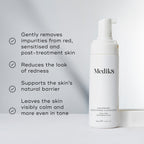 A split image featuring the cleanser bottle alongside a list of benefits, including  Gently removes impurities from red, sensitised and post-treatment skin  and  Reduces the look of redness. 