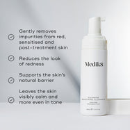 A split image featuring the cleanser bottle alongside a list of benefits, including  Gently removes impurities from red, sensitised and post-treatment skin  and  Reduces the look of redness. 