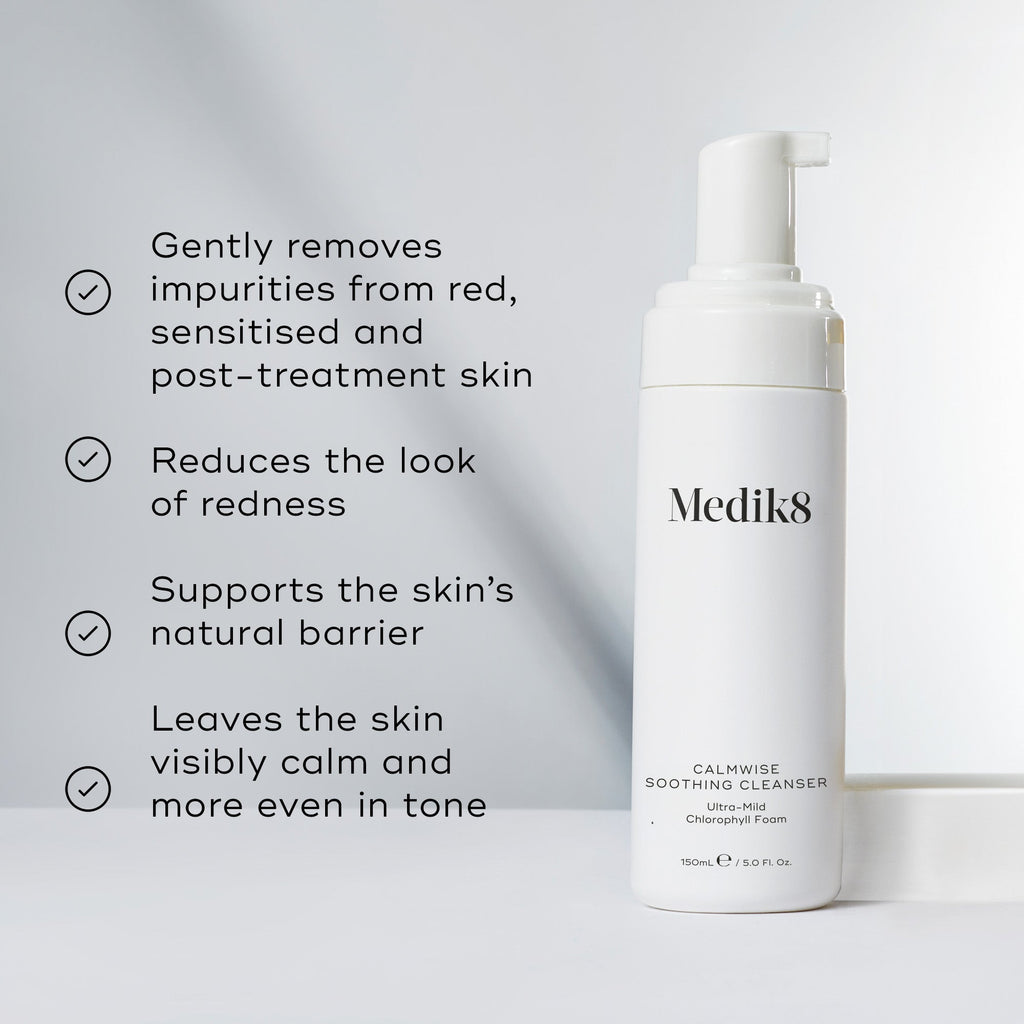 A split image featuring the cleanser bottle alongside a list of benefits, including  Gently removes impurities from red, sensitised and post-treatment skin  and  Reduces the look of redness. 