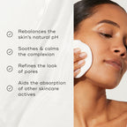 List of benefits appears next to a model using the toner. Text claims it rebalances pH, soothes the complexion, refines pores, and aids absorption of other skincare actives.