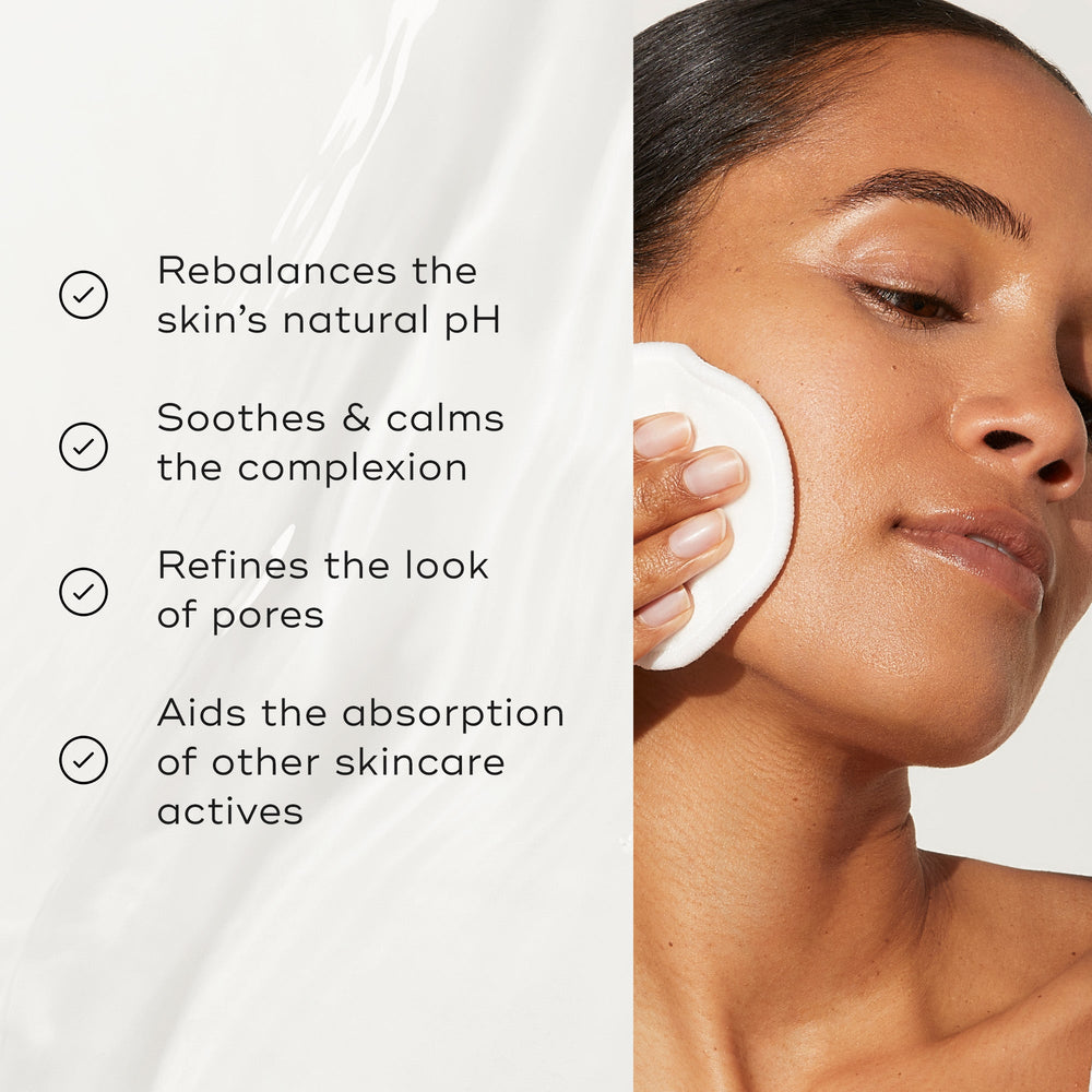 List of benefits appears next to a model using the toner. Text claims it rebalances pH, soothes the complexion, refines pores, and aids absorption of other skincare actives.