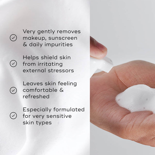 A split image featuring the foam texture alongside a list of benefits, including  Very gently removes makeup, sunscreen & daily impurities  and  Especially formulated for very sensitive skin types. 
