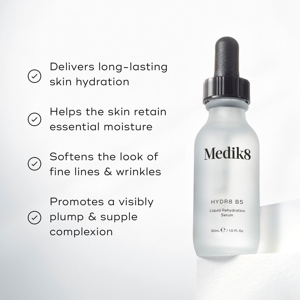 Medik8 Hydr8 B5 serum bottle stands on a white pedestal against a bright white background. Text highlights that the product  Delivers long-lasting skin hydration,   Helps the skin retain essential moisture,   Softens the look of fine lines & wrinkles,  and  Promotes a visibly plump & supple complexion. 