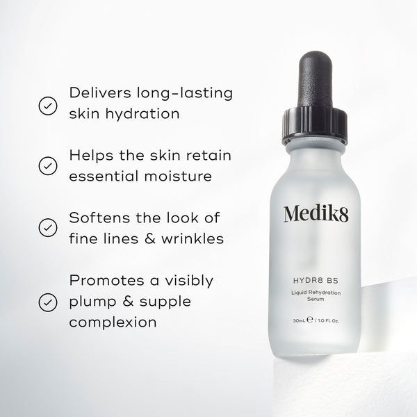 Medik8 Hydr8 B5 serum bottle stands on a white pedestal against a bright white background. Text highlights that the product  Delivers long-lasting skin hydration,   Helps the skin retain essential moisture,   Softens the look of fine lines & wrinkles,  and  Promotes a visibly plump & supple complexion. 