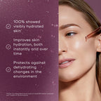 A split-screen image showing a model applying serum with a dropper alongside a list of benefits on a textured purple background. Text claims that 100% showed visibly hydrated skin, improves skin hydration both instantly and over time, and protects against dehydrating changes in the environment.