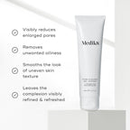List of benefits appears next to the Pore Cleanse Gel Intense tube. Text claims it visibly reduces enlarged pores, removes unwanted oiliness, smooths texture, and leaves the complexion refined.
