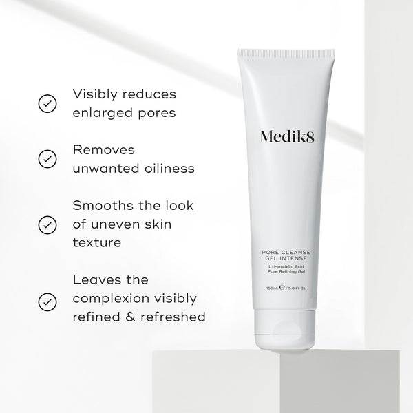 List of benefits appears next to the Pore Cleanse Gel Intense tube. Text claims it visibly reduces enlarged pores, removes unwanted oiliness, smooths texture, and leaves the complexion refined.