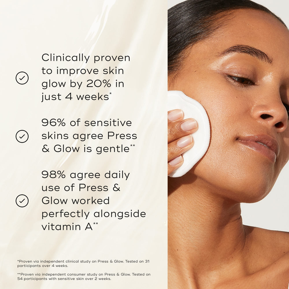 A person uses a cotton pad to apply Medik8 Press & Glow to their face against a neutral, marbled background. Text claims the product is  Clinically proven to improve skin glow by 20% in just 4 weeks*,  and that  96% of sensitive skins agree Press & Glow is gentle**  and  98% agree daily use of Press & Glow worked perfectly alongside vitamin A**. 