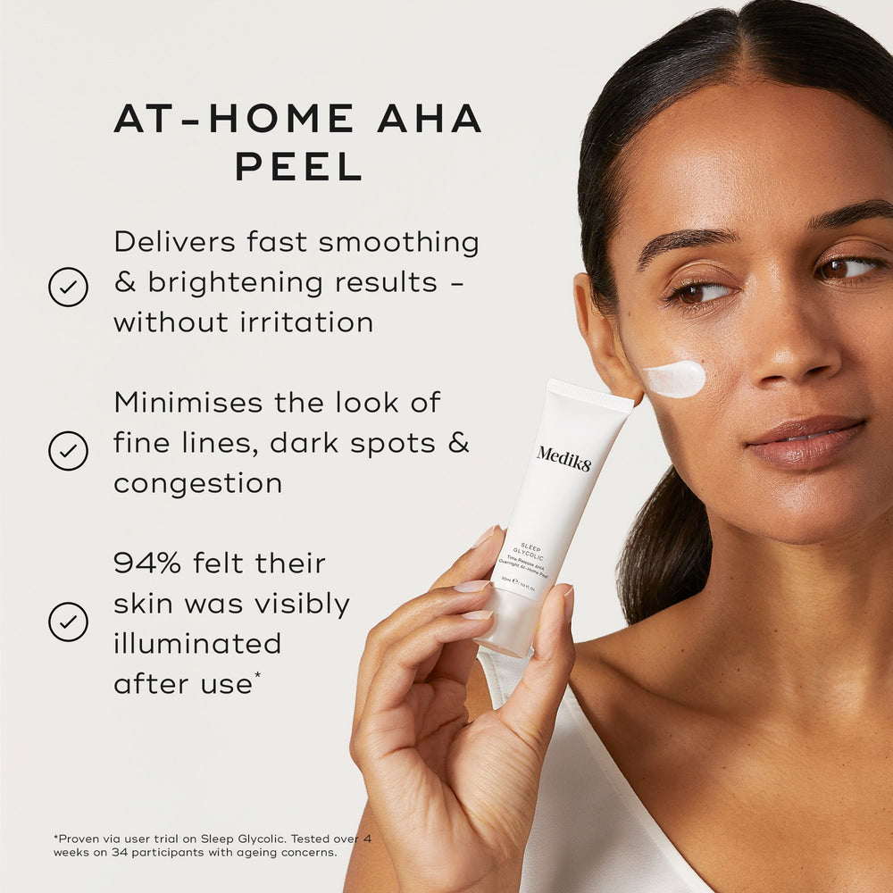 A person holds a Medik8 Sleep Glycolic tube against a neutral off-white background with a swipe of white cream on their cheek. Text highlights its benefits as an  At-Home AHA Peel  that  delivers fast smoothing & brightening results – without irritation  and  minimises the look of fine lines, dark spots & congestion.  It also notes  94% felt their skin was visibly illuminated after use. 