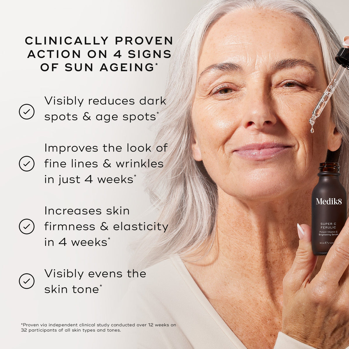 "Close-up of a person's face being treated with a glass pipette, set against a light grey background. Text states the product is  CLINICALLY PROVEN ACTION ON 4 SIGNS OF SUN AGEING*  followed by four check-marked claims:

Visibly reduces dark spots & age spots*

Improves the look of fine lines & wrinkles in just 4 weeks*

Increases skin firmness & elasticity in 4 weeks*

Visibly evens the skin tone*

A footer note specifies these results are proven via an independent clinical study conducted over 12 weeks on