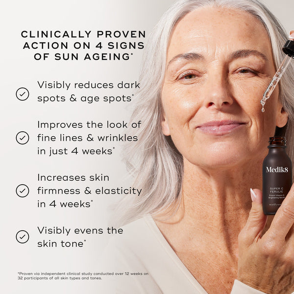 "Close-up of a person's face being treated with a glass pipette, set against a light grey background. Text states the product is  CLINICALLY PROVEN ACTION ON 4 SIGNS OF SUN AGEING*  followed by four check-marked claims:

Visibly reduces dark spots & age spots*

Improves the look of fine lines & wrinkles in just 4 weeks*

Increases skin firmness & elasticity in 4 weeks*

Visibly evens the skin tone*

A footer note specifies these results are proven via an independent clinical study conducted over 12 weeks on