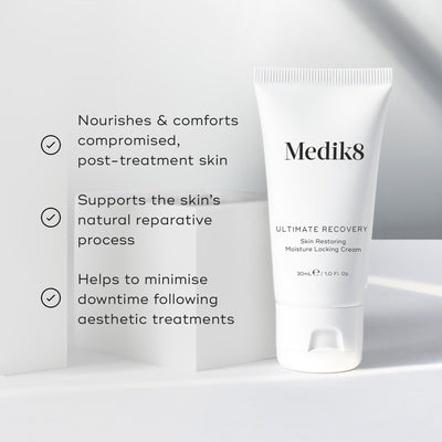 Medik8 Ultimate Recovery Skin Restoring Moisture Locking Cream tube sits against a clean white architectural background. Text claims the product nourishes compromised post-treatment skin, supports the natural reparative process, and minimizes downtime following aesthetic treatments.