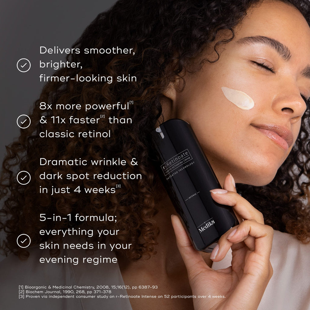Medik8 r-Retinoate Intense Youth Activating Cream bottle displayed on a white background with a swatch of the peach-toned cream texture visible behind it.