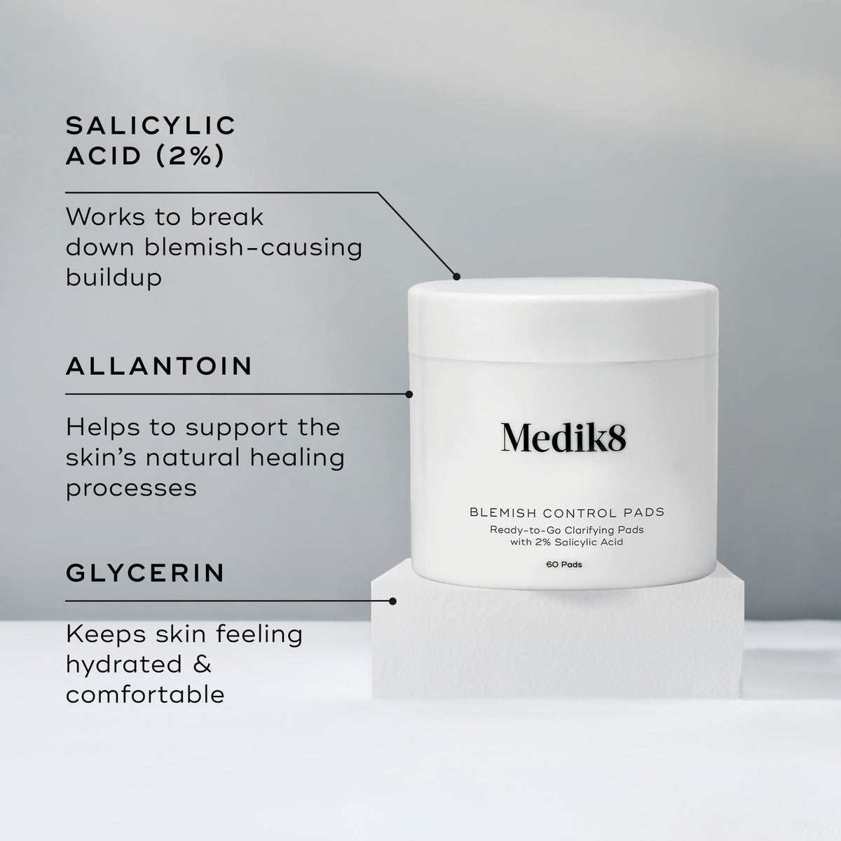 Medik8 Blemish Control Pads jar stands on a white pedestal against a grey-toned background. Text highlights three key ingredients:  SALICYLIC ACID (2%) Works to break down blemish-causing buildup,   ALLANTOIN Helps to support the skin’s natural healing processes,  and  GLYCERIN Keeps skin feeling hydrated & comfortable. 