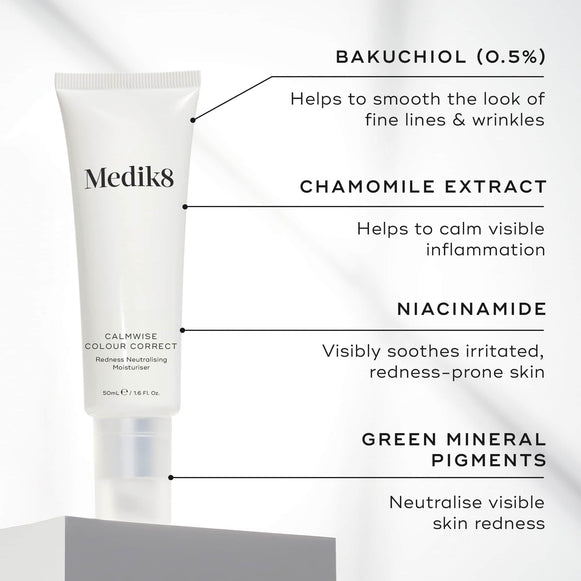 A tube of Calmwise Colour Correct is featured. Text callouts highlight key ingredients: BAKUCHIOL (0.5%), CHAMOMILE EXTRACT, NIACINAMIDE and GREEN MINERAL PIGMENTS-hover-19