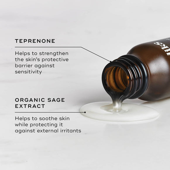 Close-up of an open amber glass bottle of Medik8 Calmwise Serum tipped on its side, pouring a pool of liquid onto a light surface. Text highlights key ingredients: Teprenone (helps strengthen the skin’s protective barrier against sensitivity) and Organic Sage Extract (helps soothe skin while protecting it against external irritants).-hover-18