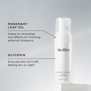 A Medik8 Gentle Cleanse bottle displayed on a white block. Lines connect the bottle to text explaining key ingredients: "Rosemary Leaf Oil" to neutralise the effects of irritating external stressors and "Glycerin" to ensure skin isn't left feeling dry or tight.