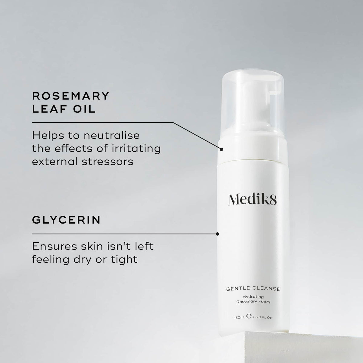 A Medik8 Gentle Cleanse bottle displayed on a white block. Lines connect the bottle to text explaining key ingredients: "Rosemary Leaf Oil" to neutralise the effects of irritating external stressors and "Glycerin" to ensure skin isn't left feeling dry or tight.