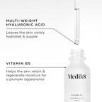 A close-up of the Medik8 Hydr8 B5 serum bottle and dropper with clear liquid. Text highlights key ingredients:  MULTI-WEIGHT HYALURONIC ACID Leaves the skin visibly hydrated & supple  and  VITAMIN B5 Helps the skin retain & regenerate moisture for a plumper appearance. 