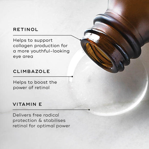Close-up of an open amber glass bottle of Medik8 Intelligent Retinol Eye TR tipped on its side, dispensing a clear drop of serum onto a light textured surface. Lines point to the liquid, highlighting key ingredients: Retinol (helps support collagen production for a more youthful-looking eye area), Climbazole (helps boost the power of retinol), and Vitamin E (delivers free radical protection & stabilises retinol for optimal power).-hover-42