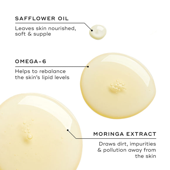 Three oil droplets display key ingredients. Text highlights Safflower Oil for nourishment, Omega-6 for lipid balance, and Moringa Extract for drawing out impurities and pollution.-hover-20