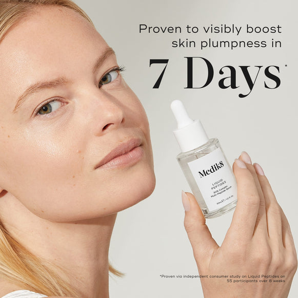 A woman holds a bottle of Liquid Peptides serum. Text on the right states,  Proven to visibly boost skin plumpness in 7 Days*.  A footnote states this is from an independent consumer study.-hover-22