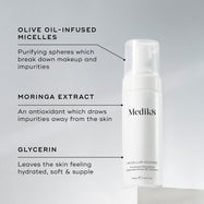 A Medik8 Micellar Mousse bottle displayed on a white block. Lines connect the bottle to text explaining key ingredients:  Olive Oil-Infused Micelles  to break down makeup,  Moringa Extract  to draw out impurities, and  Glycerin  for hydration.