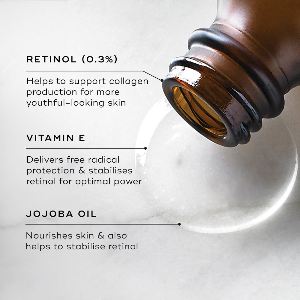 "Close-up of an open Medik8 Retinol 3TR serum bottle tilted to dispense a clear, translucent serum droplet onto a white marble surface. The image highlights three key ingredients and their benefits for the Retinol 3TR formula:

RETINOL (0.3%): Helps to support collagen production for more youthful-looking skin.

VITAMIN E: Delivers free radical protection and stabilises retinol for optimal power.

JOJOBA OIL: Nourishes skin and also helps to stabilise retinol."