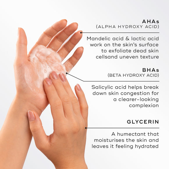 Close-up of hands lathering a light foam, highlighting key ingredients for Medik8 Surface Radiance Cleanse. Text describes AHAs (Mandelic and Lactic acid) for surface exfoliation, BHAs (Salicylic acid) to break down congestion, and Glycerin to moisturise and hydrate.-hover-24