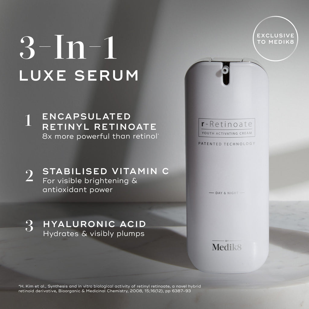 A large white cylindrical airless pump dispenser bottle of Medik8 r-Retinoate® Day & Night stands vertically against a light grey minimalist background with subtle shadows. Text overlays on the left highlight its key features as a "3-In-1 LUXE SERUM":

"ENCAPSULATED RETINYL RETINOATE 8x more powerful than retinol*"

"STABILISED VITAMIN C For visible brightening & antioxidant power"

"HYALURONIC ACID Hydrates & visibly plumps"
A circular badge at the top right indicates "EXCLUSIVE TO Medik8". 