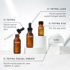 Medik8 skincare products including C-Tetra Luxe, C-Tetra Eye, and C-Tetra Facial Cream on a white background."A collection of four Medik8 Vitamin C products displayed on white circular plinths against a clean white background. The image includes:

C-Tetra serum bottle shown open with a glass pipette, described as a  Facial serum for sensitive skin. 

C-Tetra Luxe serum bottle described as a  Facial serum for supercharged results. 

C-Tetra Eye serum bottle described as  For the eye area. 

C-Tetra Cream jar