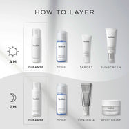 A  How to Layer  guide showing Medik8 Clarifying Foam as the first step for both AM and PM routines. The AM routine follows with Press & Clear (Tone), Clarity Peptides (Target), and Advanced Day Ultimate Protect (Sunscreen). The PM routine follows with Press & Clear (Tone), Crystal Retinal (Vitamin A), and Advanced Night Restore (Moisturise).
