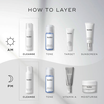 A  How to Layer  guide showing Medik8 Clarifying Foam as the first step for both AM and PM routines. The AM routine follows with Press & Clear (Tone), Clarity Peptides (Target), and Advanced Day Ultimate Protect (Sunscreen). The PM routine follows with Press & Clear (Tone), Crystal Retinal (Vitamin A), and Advanced Night Restore (Moisturise).
