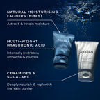 Two tubes of Medik8 H.E.O. Mask (blue Step 1 and white Step 2) are displayed against a background of water droplets. Text callouts highlight key ingredients: NATURAL MOISTURISING FACTORS, MULTI-WEIGHT HYALURONIC and CERAMIDES & SQUALANE.