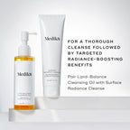 Lipid-Balance Cleansing Oil bottle stands beside a tube of Surface Radiance Cleanse. Text recommends pairing the two for a  thorough cleanse followed by targeted radiance-boosting benefits .
