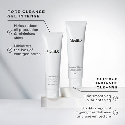 Pore Cleanse Gel Intense tube stands beside a Surface Radiance Cleanse tube. Text highlights the Pore Cleanse Gel Intense is for reducing oil production & minimises shine, and also minimises the look of enlarged pores. Surface Radiance Cleanse is for smoothing skin and brightening, and also tackles signs of ageing like dullness and uneven texture.