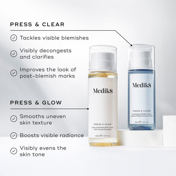 A comparison graphic featuring Medik8 Press & Glow and Press & Clear bottles. Text differentiates Press & Clear for tackling visible blemishes and Press & Glow for smoothing uneven skin texture.-hover-25