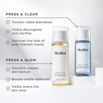 A comparison graphic featuring Medik8 Press & Glow and Press & Clear bottles. Text differentiates Press & Clear for tackling visible blemishes and Press & Glow for smoothing uneven skin texture.