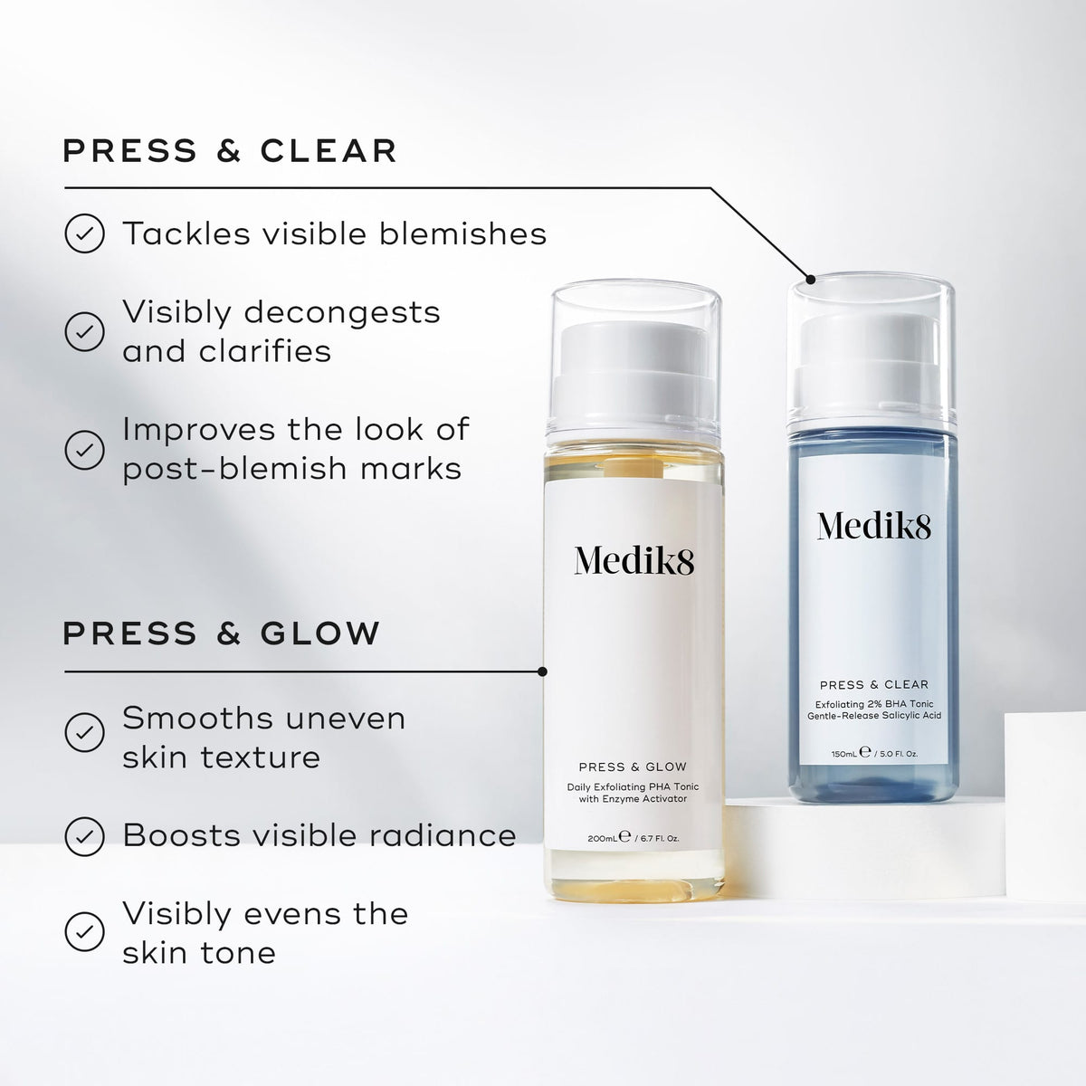 Medik8 Press & Glow and Press & Clear tonic bottles stand on white pedestals against a clean, bright background. Text lists benefits for  PRESS & CLEAR  as tackling visible blemishes, decongesting, and clarifying. Benefits for  PRESS & GLOW  include smoothing uneven skin texture, boosting visible radiance, and visibly evening skin tone.