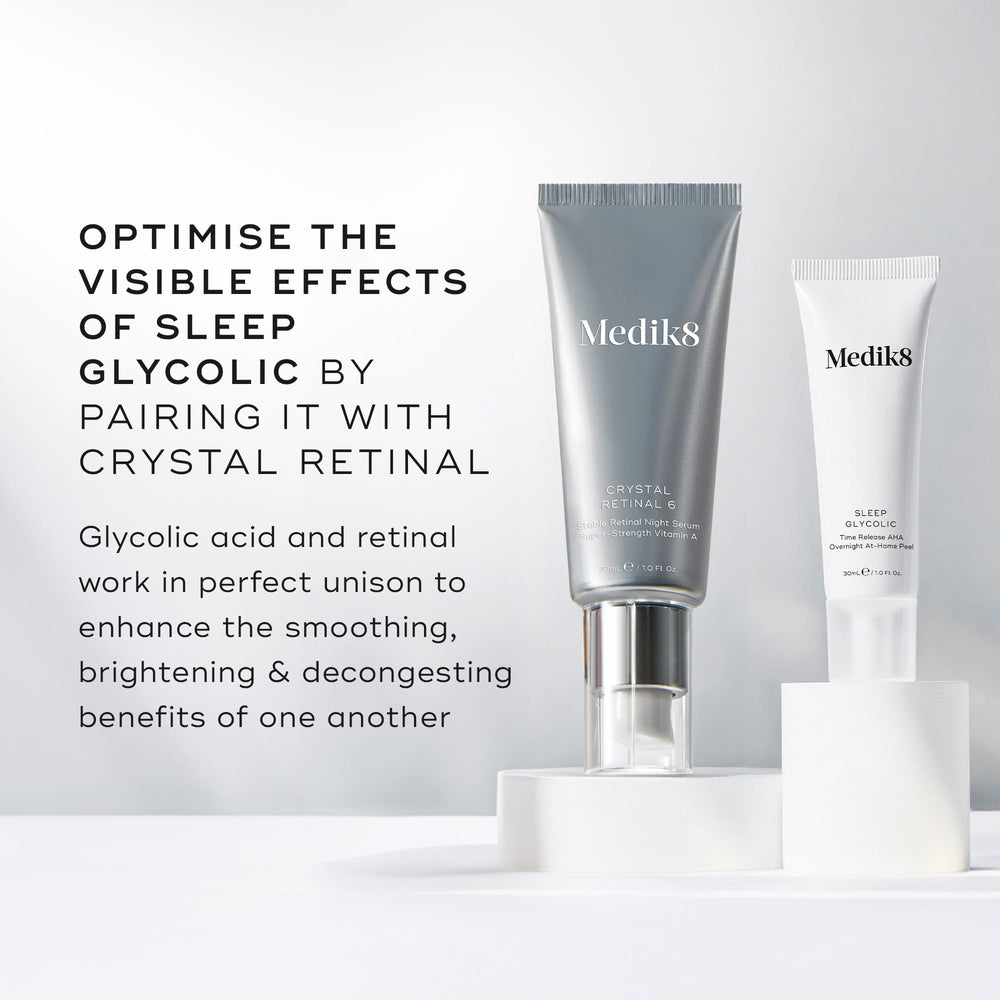 Medik8 Crystal Retinal 6 and Sleep Glycolic tube stand on white circular pedestals against a clean white background. Text advises to  OPTIMISE THE VISIBLE EFFECTS OF SLEEP GLYCOLIC BY PAIRING IT WITH CRYSTAL RETINAL,  stating that glycolic acid and retinal  enhance the smoothing, brightening & decongesting benefits of one another. 