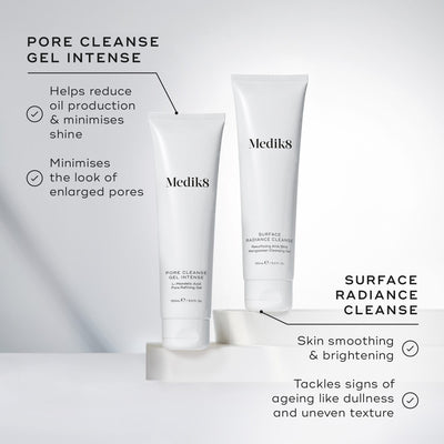 Medik8 Pore Cleanse Gel Intense and Surface Radiance Cleanse tubes displayed together on white blocks. Text for Pore Cleanse Gel Intense notes it helps reduce oil, minimise shine, and the look of enlarged pores. Text for Surface Radiance Cleanse highlights skin smoothing, brightening, and tackling signs of ageing like dullness and uneven texture.
