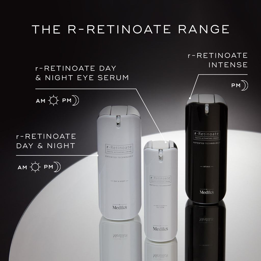  A display showcasing THE R-RETINOATE RANGE, including r-RETINOATE DAY & NIGHT EYE SERUM, r-RETINOATE DAY & NIGHT and r-RETINOATE INTENSE. All bottles feature PATENTED TECHNOLOGY
